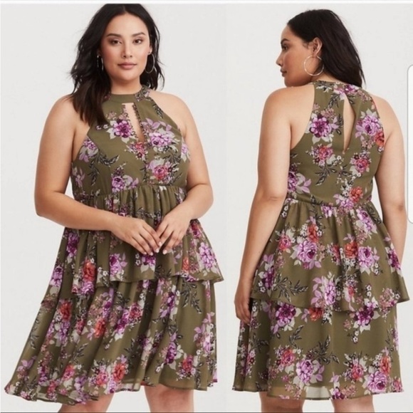Torrid Olive Green Halter FloralTier Ruffle Dress